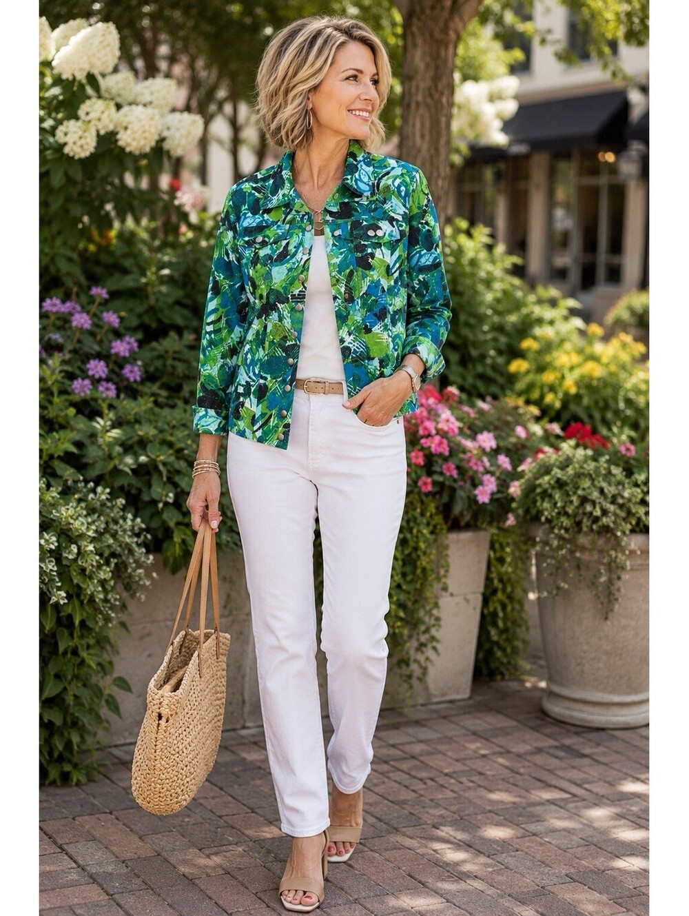 Chico’s Women’s Size 2 Green Blue Abstract Print Stretch Utility Jacket Snap L